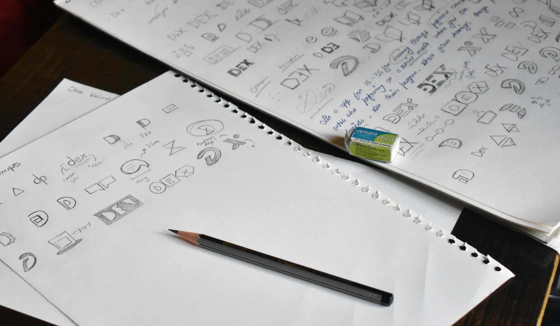 sketchbook with logo variations – illustrating branding and logo design process by Pixel Dragon Studio in Flevoland